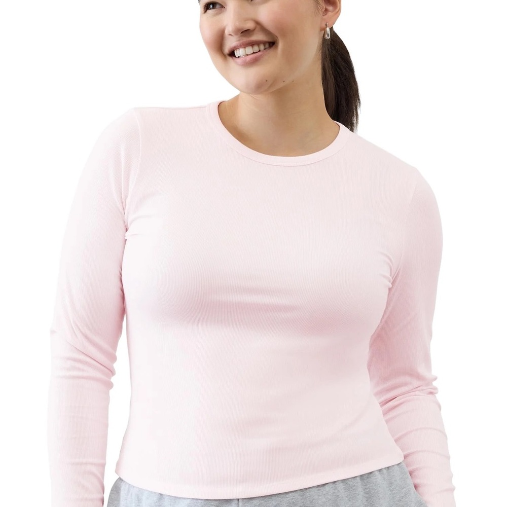 Athleta Signature Rib Crew Women's Long Sleeve Shell Pink Top Size Large New